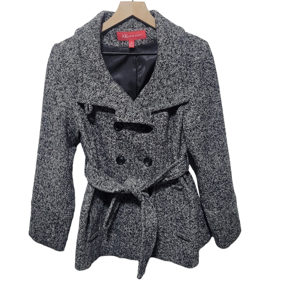 AK Ann Klein Black Marled Tweed Wool Belted Pea Coat Size Medium
